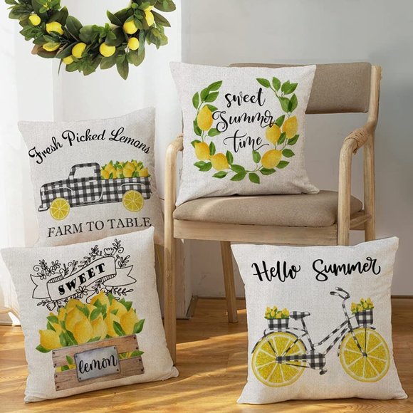 Set of 4 Lemon Buffalo Plaid Check Pillow Covers - Picture 1 of 3